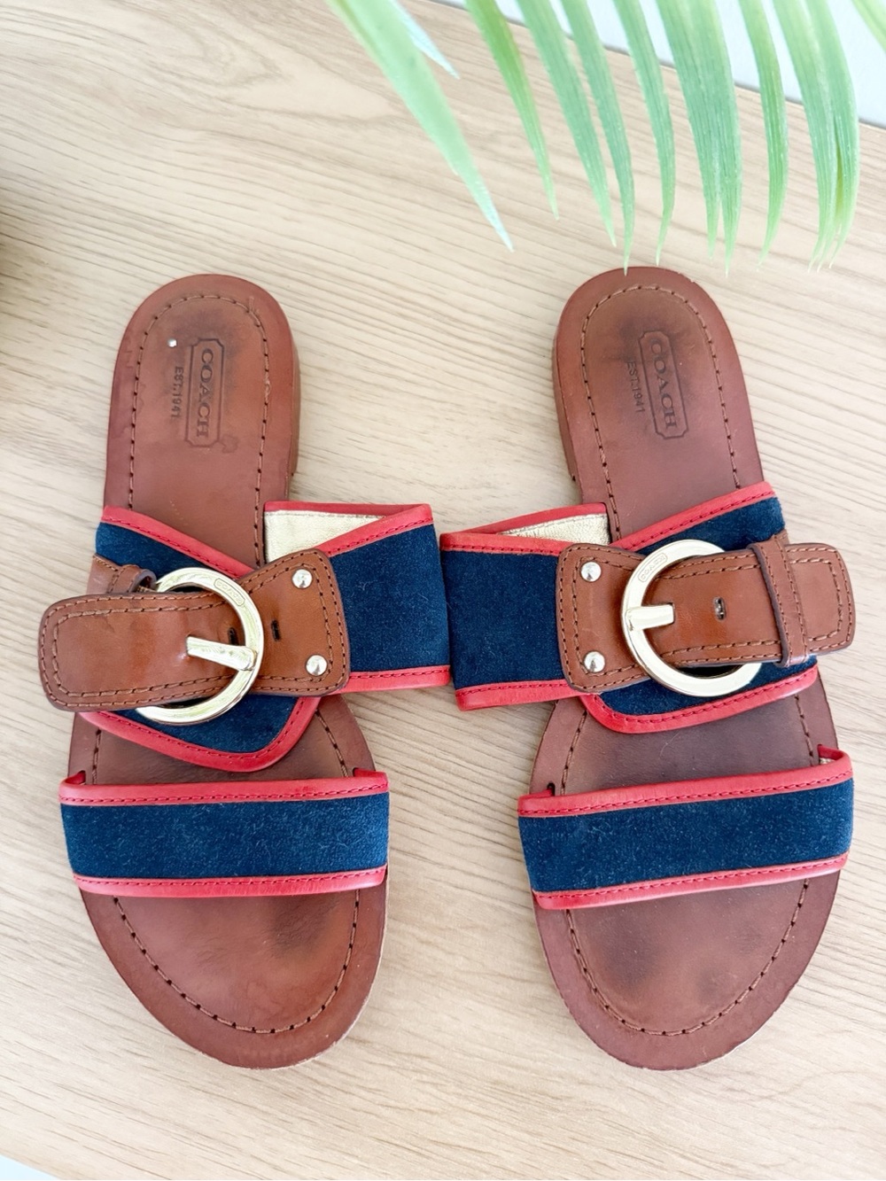 Coach Savannah Vachetta Leather Brown/Blue/Red Slide Sandals Size 5.5 - Picture 5 of 6